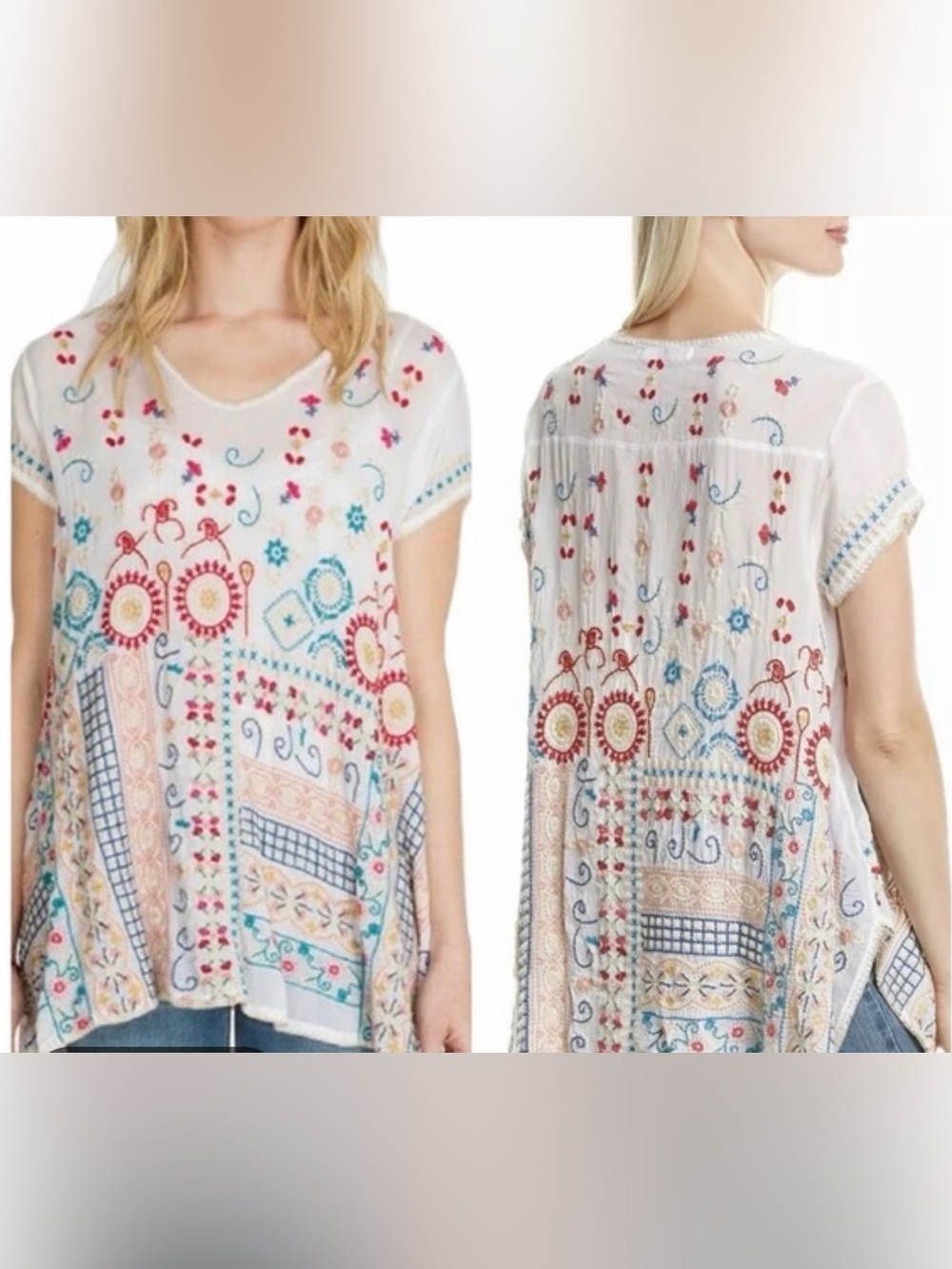 Johnny Was White Embroidered Boho Tunic with Red, Blue and Yellow Accents